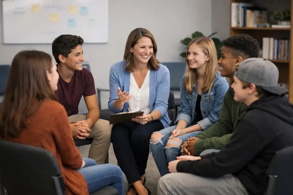 Young adults participating in a welcoming facilitated group conversation