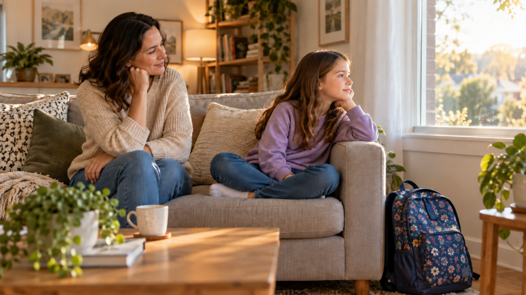 Parent giving a child quiet support while they decompress after school