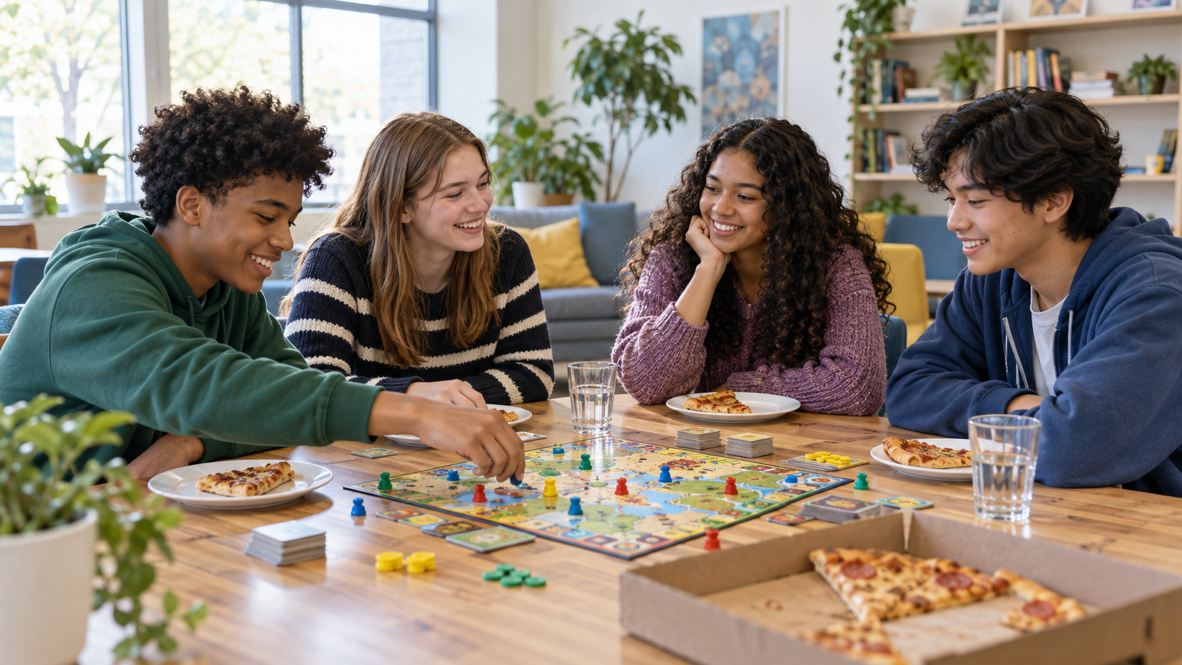 Teens building friendships over a board game and pizza in a social group