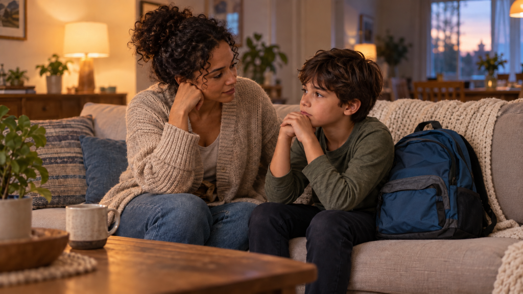 Parent listening to a child experiencing school anxiety on a Sunday evening
