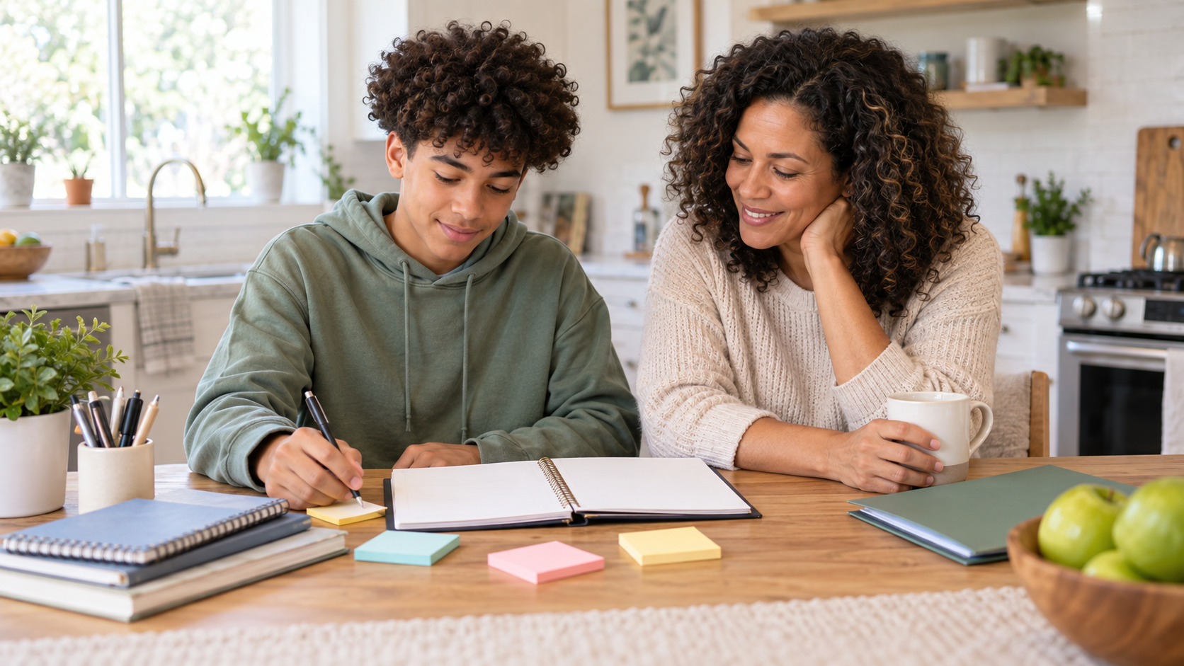 Teen and parent using a planner to organize homework and executive functioning tasks