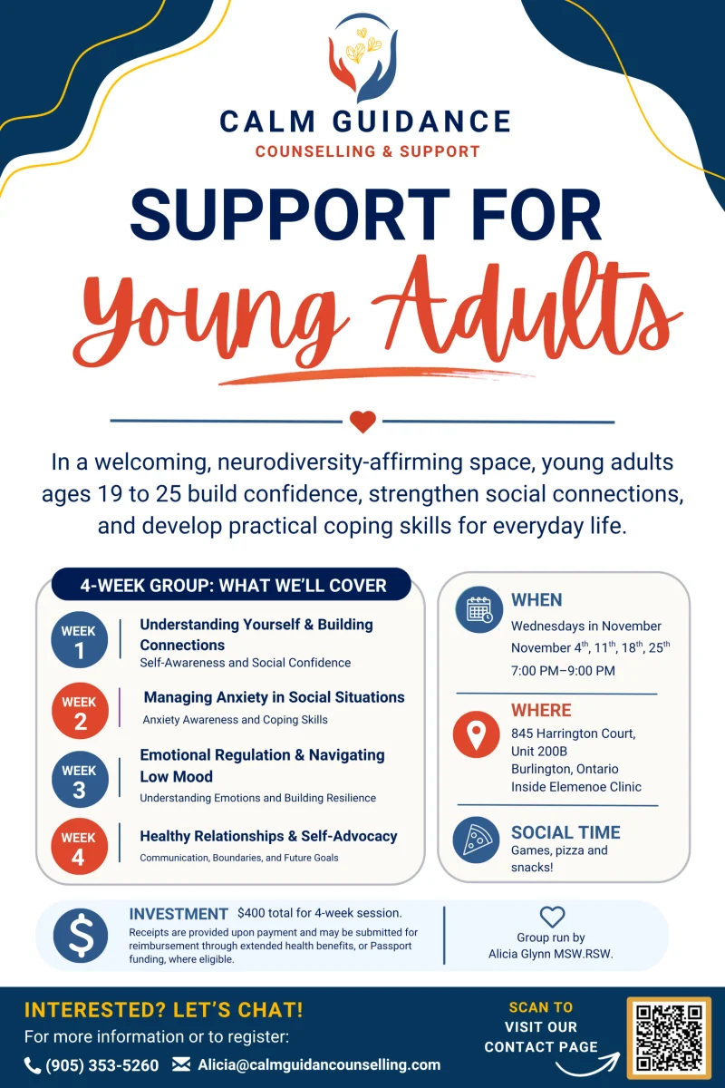 November 2026 young adult social and life skills group poster for ages 19 to 25, Calm Guidance Burlington